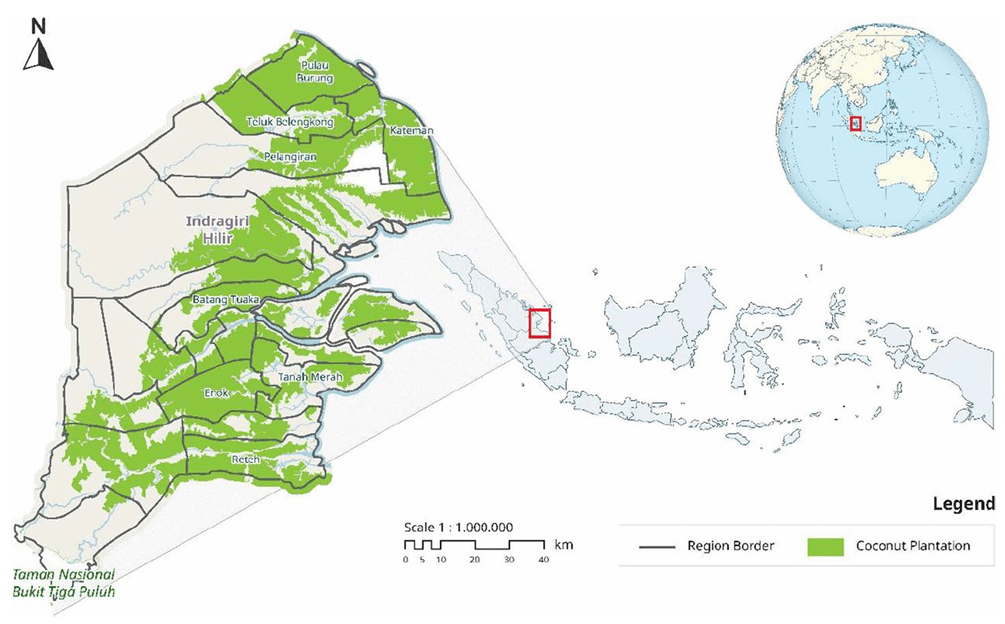 Perkebunan kelapa mendominasi sebagian besar kabupaten yang terletak di pesisir.